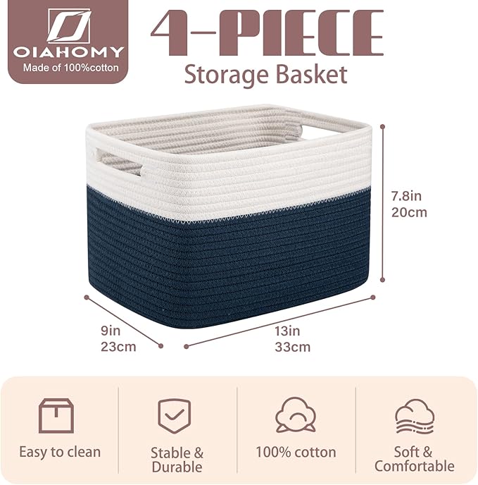 OIAHOMY 4 Pack Storage Baskets for Organizing, Basket for Shelves with Handle, Woven Baskets for Storage Toys, Towels, Books, Cotton Rope Basket 13" L x 9 " W x 7.8 " H, Blue & White - Image 2