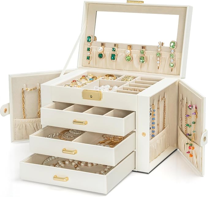 AKOZLIN Large 4-Tier Jewelry Box Leather Jewelry Storage Organizer with 3 Drawers Lockable for Women Girls Ring Necklace Earring Bracelet Watches Holder with Mirror White - Image 8