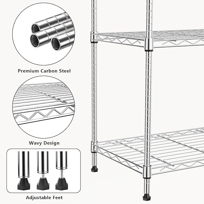 M MZG 1250 lbs 5 Tier Shelf Metal Storage Shelves Wire Rack Closet Organizers with Wheel for Garage Kitchen Bathroom Laundry Chrome 13.7" D x 23.6" W x 62.4" H - Image 5