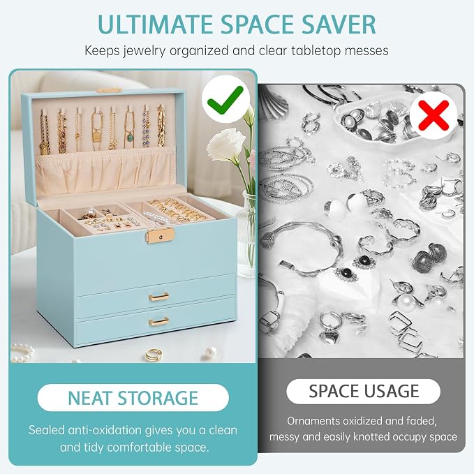 AKOZLIN Travel Jewelry Box Organizer Functional 2-trays Leather Jewelry Storage Case with Lockable Portable 2 Drawers for Women Girls Ring Necklace Earring Bracelet - Image 8