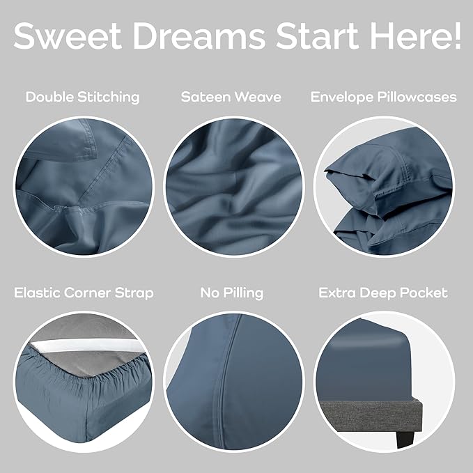 Viscose Bamboo Twin XL Sheets 3PC Set - Extra Long - Cooling Bedding for Hot Sleepers with Moisture Wicking Technology - Silky Soft 16 Inch Deep Pocket, Storm - 38" x 80"