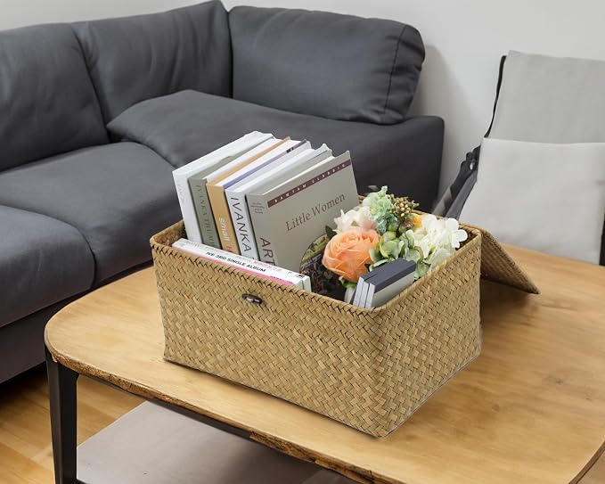 Wicker Basket with Lid, Natural Seagrass Storage Baskets for Organizing, Woven Basket for Storage, Decorative Boxes Bins with Lids Home Organizer Decor (Natural, 14.3" x 9.4" x 6.9") - Image 2
