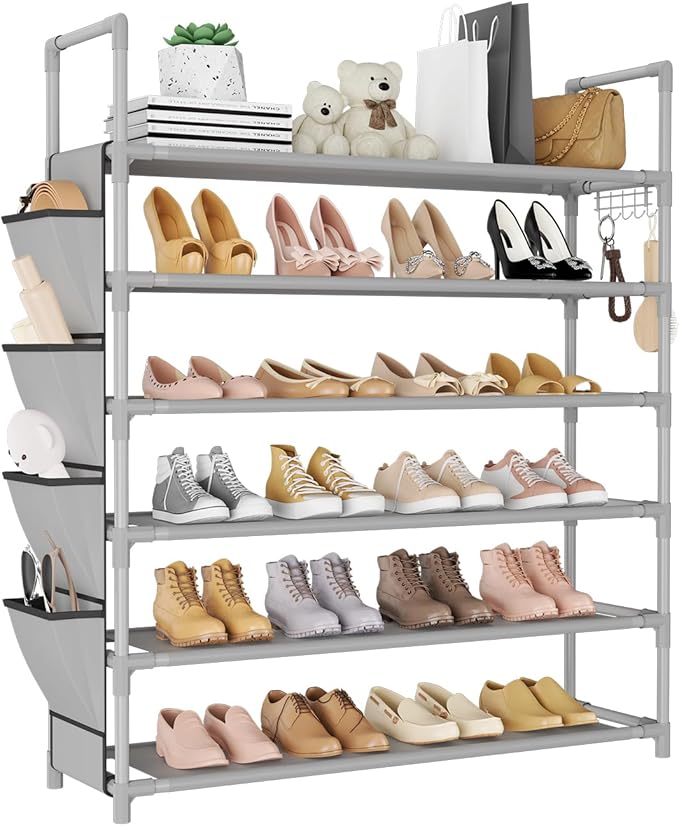 LANTEFUL 6 Tier Shoe Rack Storage for 24-30 Pairs Shoe and Boot, Shoe Organizer with Hook and Side Pocket Free Standing Long Shoe Shelf Tall Shoe Rack Organizer for Closet, Entryway, Dorm, Grey by LANTEFULforTidyingHouse