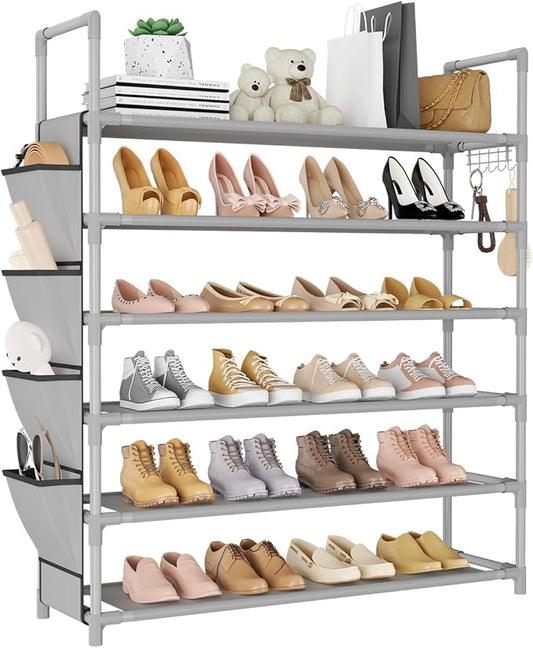 LANTEFUL 6 Tier Shoe Rack Storage for 24-30 Pairs Shoe and Boot, Shoe Organizer with Hook and Side Pocket Free Standing Long Shoe Shelf Tall Shoe Rack Organizer for Closet, Entryway, Dorm, Grey by LANTEFULforTidyingHouse
