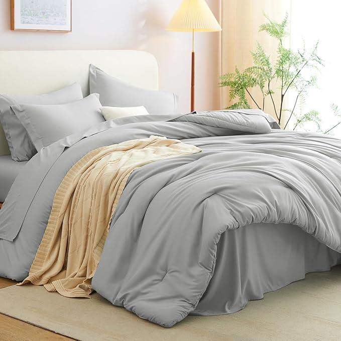 CozyLux Queen Comforter Set Light Grey, 7 Pieces Bed in a Bag Queen Comforter Set with Sheets, Light Gray Luxury Bed Sets with Down Alternative Comforter, Fitted Sheet, Flat Sheet, Pillowcases & Shams