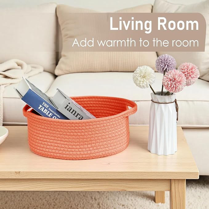 JMvicyroam Woven Basket,Small Rope Storage Bin with Handles & Ribbon Bag, Organizer for Shelves Closets,Gift Basket Empty for Birthday,Books,Dog Toys,Orange - Image 7