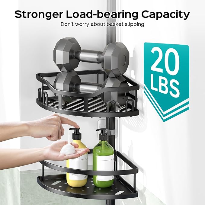 HAMITOR Corner Shower Caddy Tension Pole: Rustproof Stable 4-Tier Bathroom Organizer Shelves for Bathtub Shampoo Storage - 47-121 Inch Quick Install Adjustable Standing Rack with Soap Rack - Black - Image 3