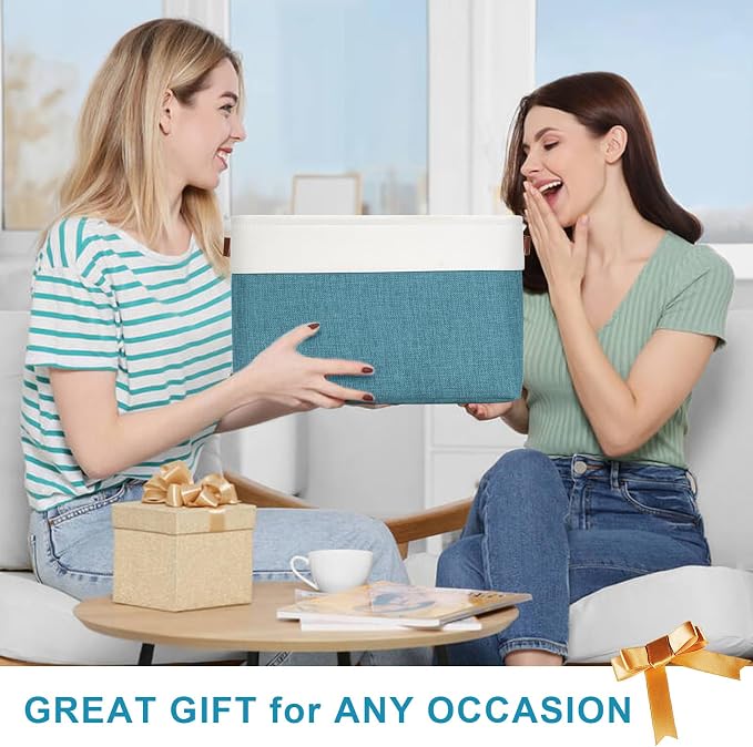 Bagnizer Storage Bins Large Fabric Storage Baskets for Shelves 3 Pack, Decorative Linen Closet Baskets with Handles for Organizing, Shelf, Clothes, Home, Office, 15x11x9.5Inches (Teal&White) - Image 7
