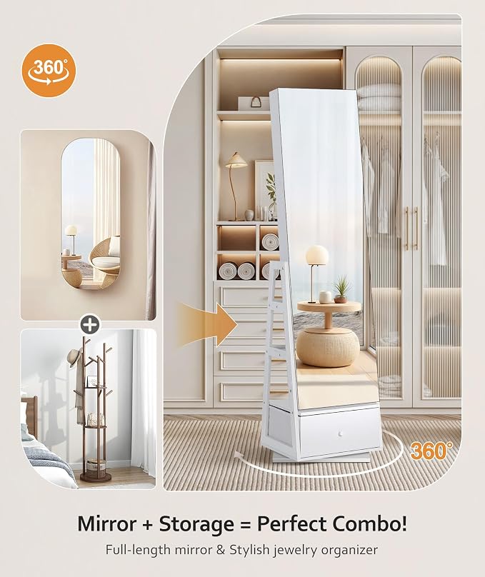 Nicetree 360°Swivel Jewelry Cabinet, Rotatable Full Length Mirror with Jewelry Storage, Standing Jewelry Armoire Organizer, Lockable Jewelry Organizer with 3 Rear Shelves, Bottom Drawer, Pure White - Image 4