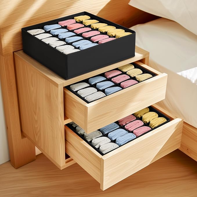 Joyoldelf Sock Drawer Organizer Divider Underwear Organizer 24-cell Fabric Dresser Drawer Organizers Storage Boxes for Socks Lingerie, Handkerchiefs, Ties 4 Pack (Black) - Image 5