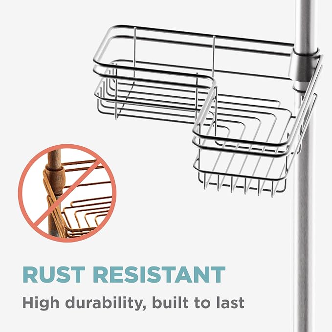 Zenna Home Tension Pole Shower Caddy Corner Organizer, Adjustable Standing Shower Caddy with 4 L-shaped Baskets and Hooks, Rust Resistant Bathroom Tension Rod Organizer, 60 to 97 Inch, Satin Nickel - Image 5