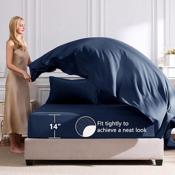 CozyLux California King Comforter Set Navy Blue - Cal King Bed in a Bag 7 Pieces, Luxury Soft Bed Set for All Seasons, Bedding Set with Down Alternative Comforter, Sheets, Pillowcases & Shams