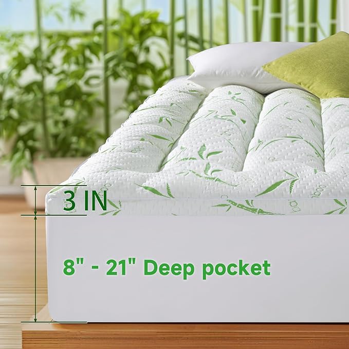 3 Inch Mattress Topper - Viscose Made from Bambu,Cooling Soft Pillow Top Mattress Pad Cover for Back Pain,Mattress Protector with 8-21 Inch Deep Pocket(Full,54"x75")