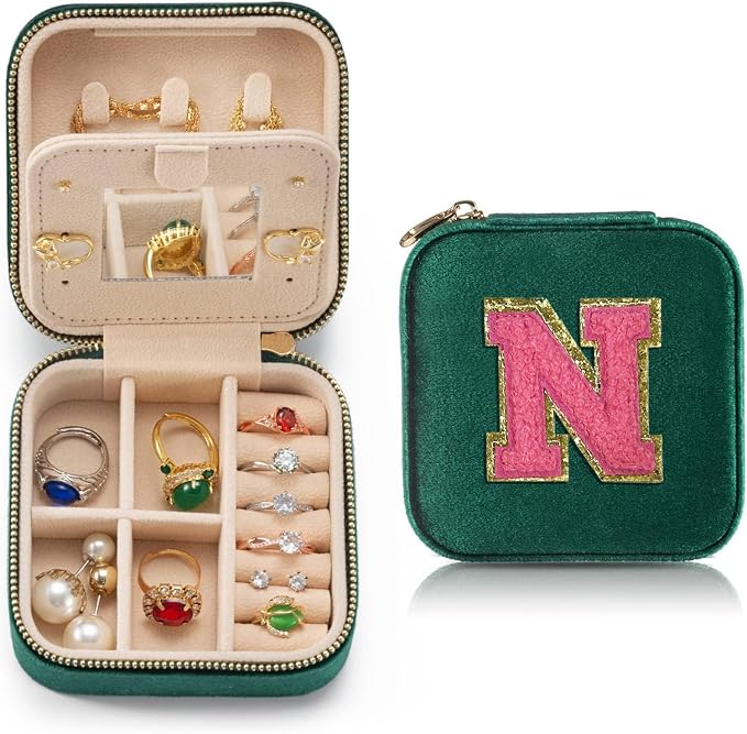 Personalized Velvet Travel Jewelry Case Box For Women Ring Necklace Earring Holder Organizer with Mirror Green Girls Box Birthday Gifts Mom Initial N by HKDSGF
