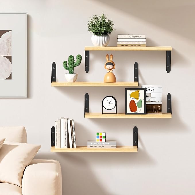 ROMGUAR CRAFT Wood Floating Shelves Set of 4, Rustic Storage Decor Wall Shelves, Wall Mounted Shelf for Living Room, Bedroom 17" x 6", Natural - Image 2