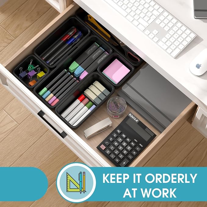 6 PCS Drawer Organizer Set, 3 Size Makeup Drawer Divider Organizer With Non-Slip Pads, Interlocking Plastic Storage Bins for Office,Jewelry Vanity,Gadgets, Bathroom,Kitchen, Black - Image 5