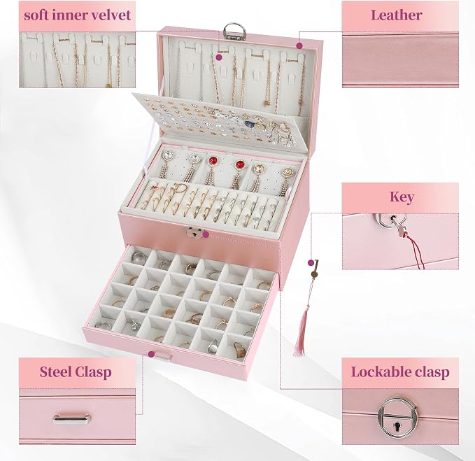 BOOVO Earring Jewelry Box For Women Girl Stud Organizer, 5 Layers Girl Jewelry Organizer Box With Lock Earring Holder Organizer Necklace Ring Jewelry Organizer Box For Girls (rose gold) - Image 3