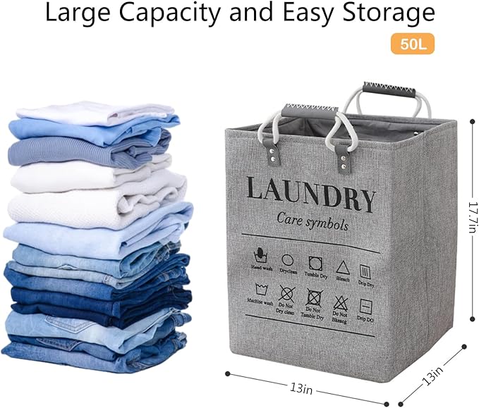 Small Laundry Basket, 50L Foldable Laundry Hamper Organizer with Handles, Fashion Portable Laundry Basket in Bedroom, Laundry Room, Closet, Bathroom, College Dorm (Beige) - Image 4
