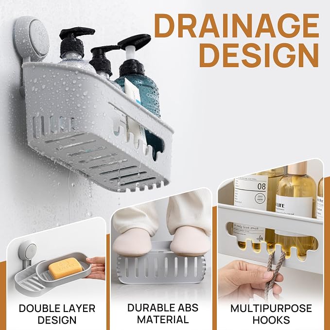 LEVERLOC Shower Caddy Suction Cup Set Shower Organizer & Soap Holder & Toothbrush Holder, Bathroom Shelf Basket NO-Drilling, Removable Suction Storage Waterproof Bathroom Caddy, Gray - Image 4