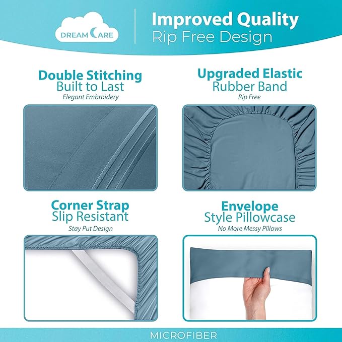DREAMCARE Full Size Sheets - 6 pcs Breathable Cooling Bed Sheets - up to 15" Deep Pocket Full Size Bed Sheets wth Side Pockets -Extra Soft 100% Brushed Hypoallergenic Hotel Luxury Bedding Mineral Blue