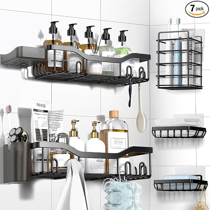 NESOMI Shower Caddy Adhesive Shower Organizer 7-Pack, Rustproof Stainless Steel Bathroom Shelves, Large Capacity No-Drill Rack Storage Accessories with Soap Dish Toothbrush Holder &24 Hooks Home Decor by OrganizeYourHomeEssentials