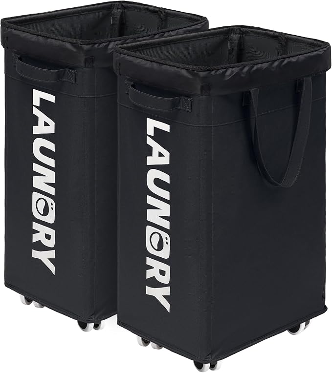 CHICVITA Laundry Hamper with Wheels & Removable Wash Bags -2 Pack, 75L Tall Laundry Basket for Dorms, Large Collapsible Hamper for Corner Spaces - Black by CHICVITA