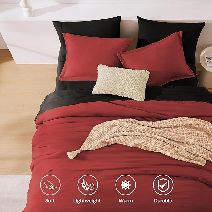 WRENSONGE Queen Comforter Set- 7 Pieces Soft Bright Red Bed in a Bag with Fitted Sheet, Flat Sheet, 2 Pillow Shams, and 2 Pillowcases- Warm Bedding Sets Queen for All Season