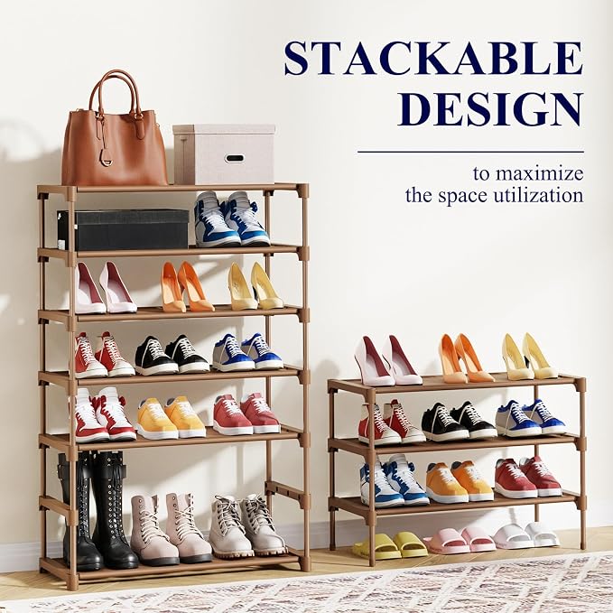 Kitsure Shoe Rack - Non-Woven Shoe Rack Shelf, Shoe Organizer for Closet, Entryway, Garage & Corridor, Stackable Shoe Shelves, 27.5" Wide - 3 Tier, Brown - Image 6