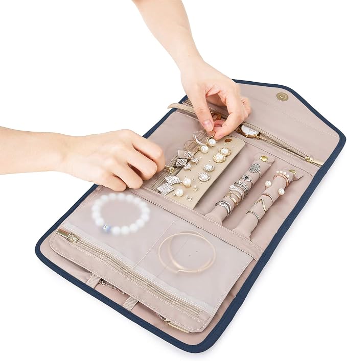 BAGSMART Travel Jewelry Organizer Roll Foldable Jewelry Case for Journey-Rings, Necklaces, Bracelets, Earrings, Smokey Blue - Image 4
