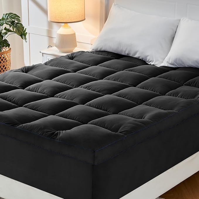 CYMULA Full Size Mattress Topper, Cooling Mattress Pad Cover, Thick Full Bed Pillow Topper Mattress Topper with Deep Pockets, Washable Plush Down Alternative Fill Mattress Protector, Black