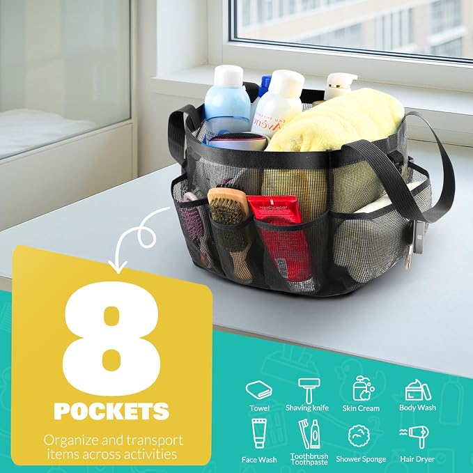 LOYEE Mesh Shower Caddy Portable for College Dorm Room Essentials with 8 Pockets, Shower Bag for Beach, Swimming, Gym, Travel, Bathroom(Black) - Image 3