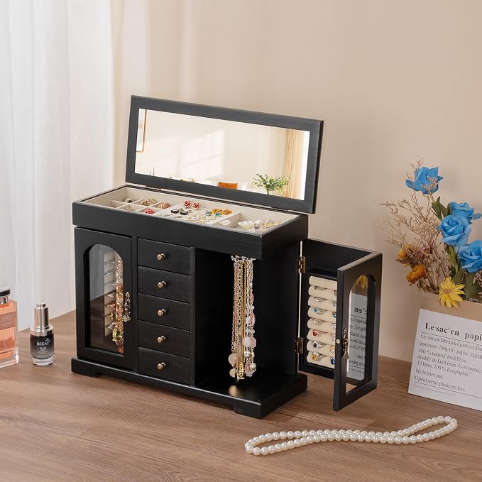 Miratino Jewelry Box for Women Girls, Wooden Jewelry Organizer Box with Mirror, 5 Layer Jewelry Storage Case Display for Necklaces Earrings Rings Bracelets Valentine's Day Gifts - Image 2