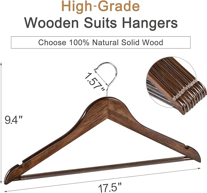 TOPIA HANGER Wooden Coat Hangers 30 Pack, Vintage Wood Suit Hangers with Non Slip Pants Bar, 360° Swivel Hook and Shoulder Notches for Camisole, Jacket, Pants, Smooth Finish Clothes Hangers - CT34A30 - Image 2