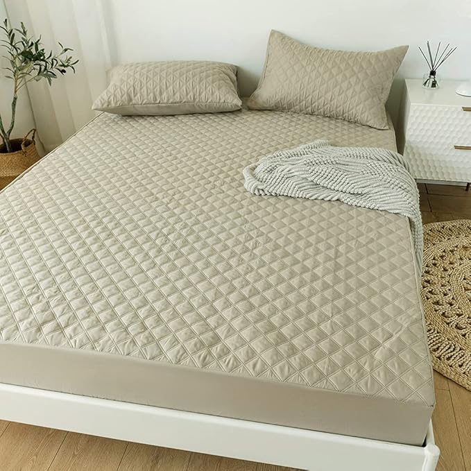 vctops Quilted Fitted Sheet Waterproof Mattress Protector Pad Ultra Soft Elastic Fitted Deep Pocket Bed Cover (Khaki,King)