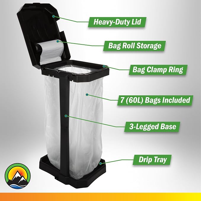 Wakeman Heavy Duty Black Trash Bag Portable Trash Bag Holder Stand with 7 Bags - Collapsible Trash Can Camping, RV, Kitchen, or Tailgate Party Garbage Bag Holder - Image 3