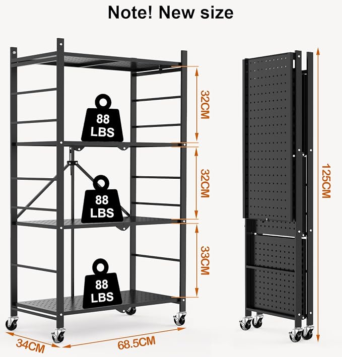 Himix Storage Shelves with 20 Hooks, 4-Tier Foldable Shelves for Storage, Folding Shelf Unit Pantry Shelves with Wheels, Metal Shelving Storage Rack Shelf for Kitchen Garage Home, Black - No Assembly - Image 3