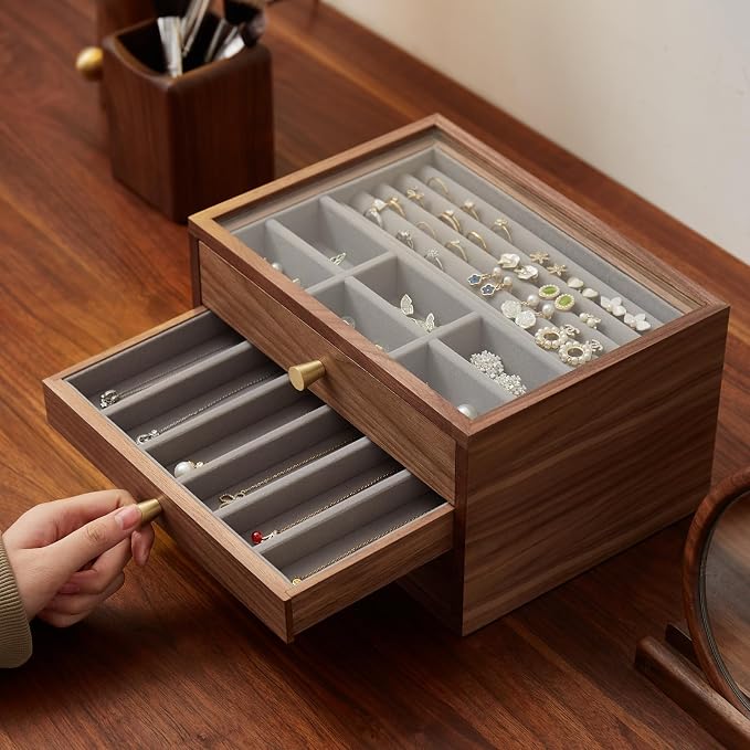Black Walnut Jewelry Organizers and Storage,3 Layer Wooden Jewelry Boxes for Women,for Necklaces Ring Earring (3 Layer) - Image 5
