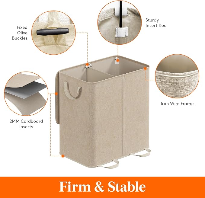 Lifewit Double Laundry Hamper with Lid and Removable Laundry Bags, Large Collapsible 2 Dividers Dirty Clothes Basket with Handles for Bedroom Laundry Room Closet Bathroom College, 136L Beige - Image 2