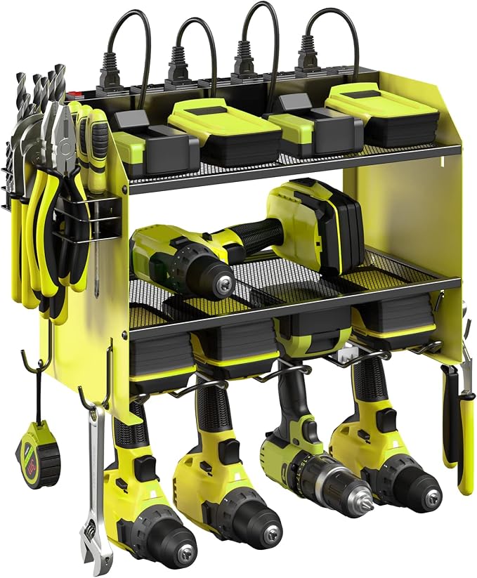 CCCEI Modular Power Tool Organizer Wall Mount with Charging Station. Garage Drill Storage Shelf with Hooks, Heavy Duty Rack, Tool Battery Holder Built in 8 Outlet. Gift for Men. Green, 1 Pack. by CCCEI