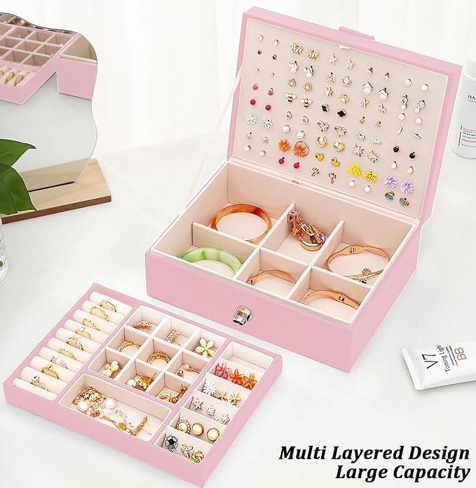 Earrings Jewelry Box for Girls, Large Capacity Jewelry Organizer with 40-Pair Earring Board, 2-Layer Leather Jewelry Storage Box for Necklaces Rings Bracelets with Removable Tray(Gift Idea),Pink - Image 2
