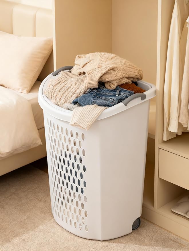 Wheeled Hamper, Plastic Laundry Hamper with Handle for Easy Transport, White - Image 7