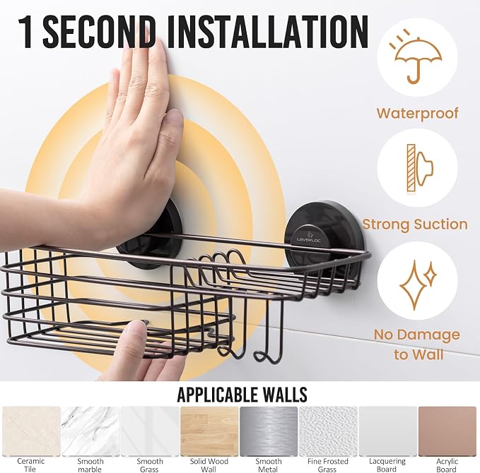 LEVERLOC Shower Caddy Suction Cup, Heavy Duty Bathroom Organizer for Inside Shower with Hooks & Soap Holder， NO-Drilling Bathroom Holder-Brown - Image 2