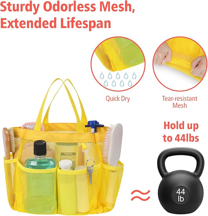 F-color Mesh Shower Caddy Portable, Upgrade Deeper 7 Pockets Shower Bag Basket Tote for College Dorm Room Toiletry Bathroom Essentials Gym Camp Quick Dry 2 handles with S Hook, Yellow - Image 3