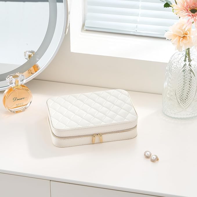 Lolalet Travel Jewelry Case for Women Girls, Travel Jewelry Organizer Box with Mirror & Clear Storage Bag, Small Portable Earring Necklace Bracelet Ring Case, Birthday Valentine Gifts -Medium, White - Image 7