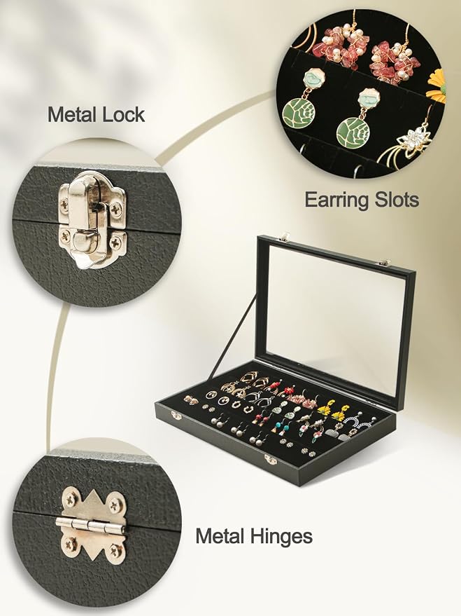 Coward Earring Organizer Tray Box, Black Velvet Earring Jewelry Display Storage Tray Case with Transparent Glass Lid for Home Drawer or Shop Selling - Image 4