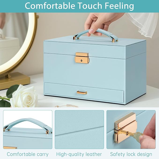 AKOZLIN Travel Jewelry Box Organizer Functional 2-trays Leather Jewelry Storage Case with Lockable Portable Drawer for Women Girls Ring Necklace Earring Bracelet - Image 4