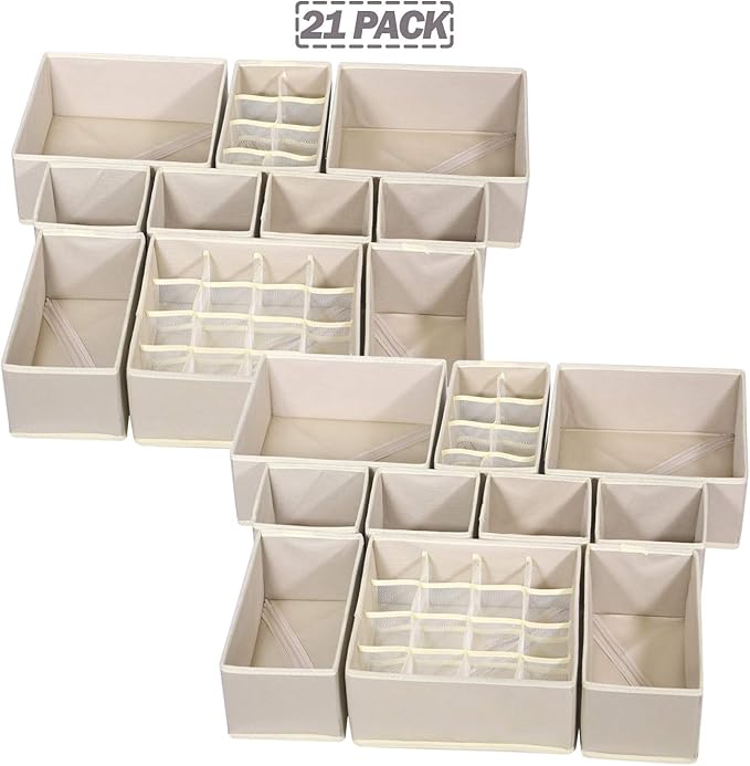 TENABORT 21 Pack Foldable Drawer Organizer Dividers Cloth Storage Box Closet Dresser Organizer Cube Fabric Containers Basket Bins for Underwear Bras Socks Panties Lingeries Nursery Baby Clothes Beige - Image 7