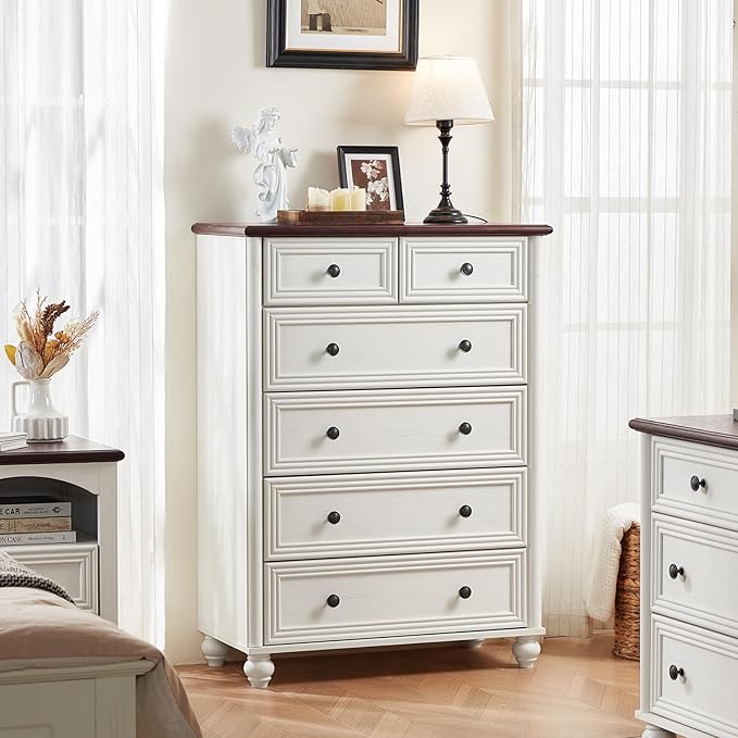 RWYHG Farmhouse 6 Drawer Dresser, Chest of Drawers for Bedroom, 43.5" Tall Wood White Kids Dresser with Roman Column and Metal Handles, Storage Dressers Organizer for Living Room, Hallway, Closet
