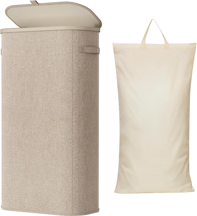 Lifewit Slim Laundry Basket with Lid, Narrow Large Laundry Hamper with Plastic Handles and Removable Bag, Tall Foldable Dirty Clothes Hampers for Laundry Room, Bedroom, Bathroom, Dorm, 75L Beige by Lifewit