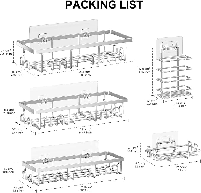 Shower Caddy, 5 Pack Shower Shelves for Inside Bathroom, Rustproof Adhesive Bathroom Organizer with Soap Holder, No Drilling Washroom Organizers and Storage for Bathtub Room/Kitchen, Silver - Image 2
